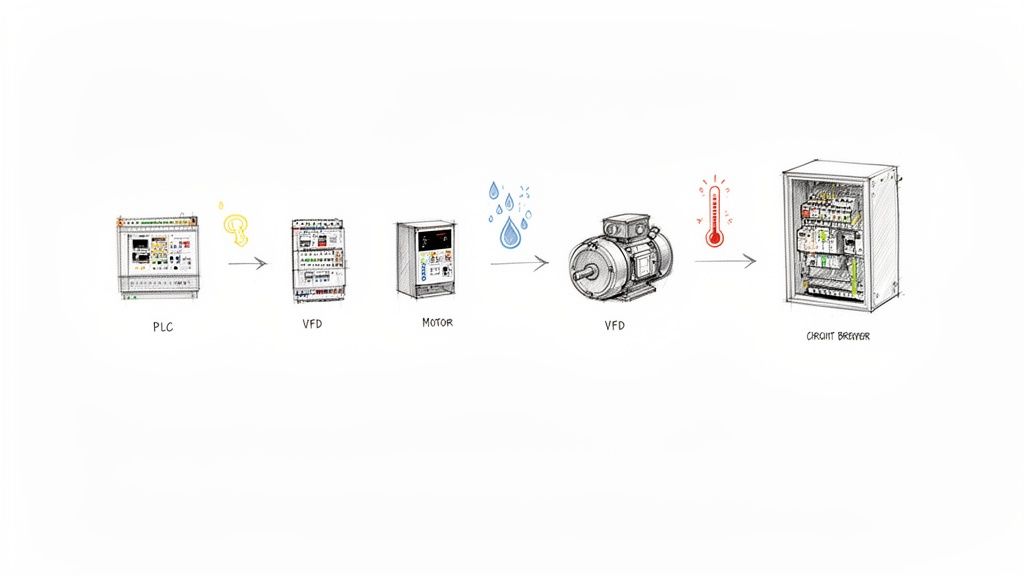 Industrial control system diagram showing a sequence of PLC, VFDs, motor, and circuit breaker.