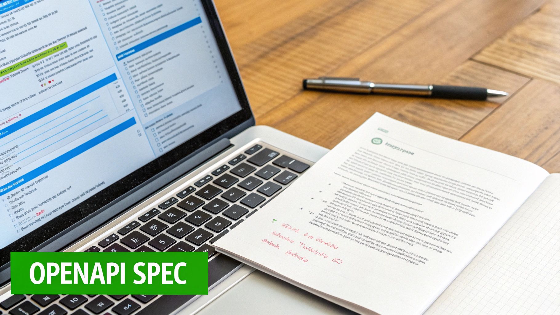 A laptop displaying code next to an open notebook with handwritten notes and a pen on a wooden desk.