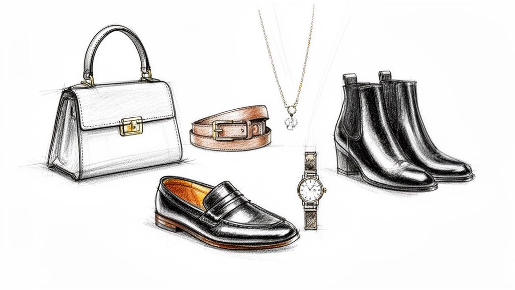 A sketch of smart casual fashion accessories: a white handbag, brown belt, necklace, black boots, loafers, and a watch.