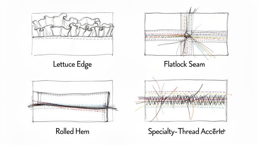 Detailed illustrations of four serger sewing techniques: Lettuce Edge, Flatlock Seam, Rolled Hem, and Specialty Thread Accent.
