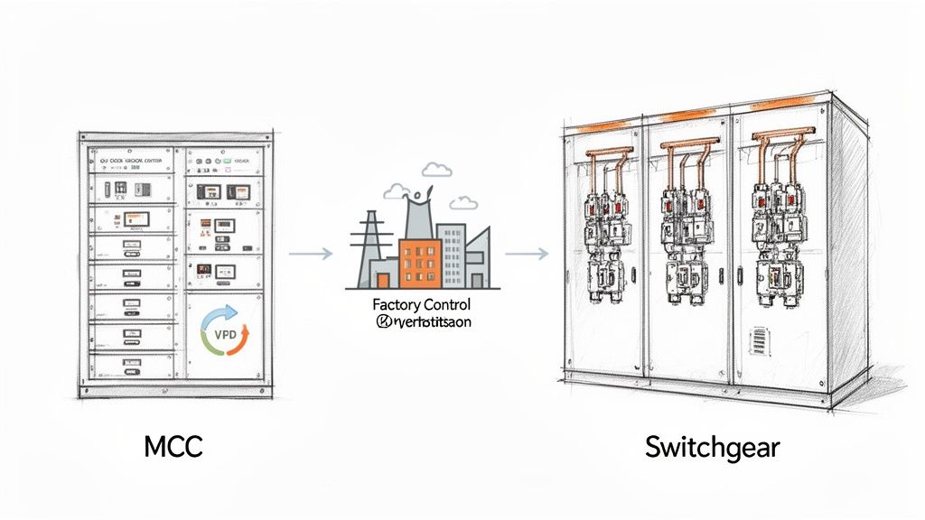 Diagram illustrating a Motor Control Center (MCC) connected via Factory Control to Switchgear for industrial power systems.