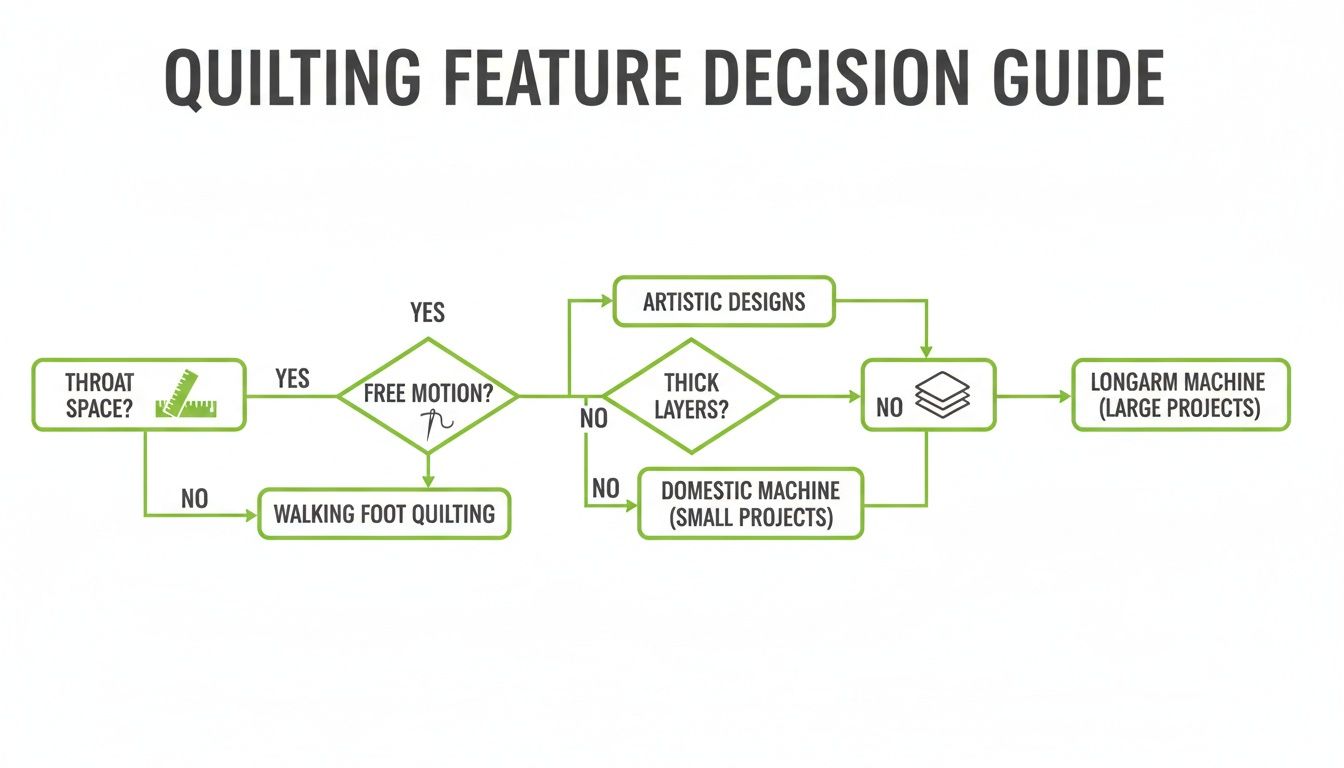 A flowchart titled 'Quilting Feature Decision Guide' helping choose between walking foot quilting, domestic machines, or longarm machines.