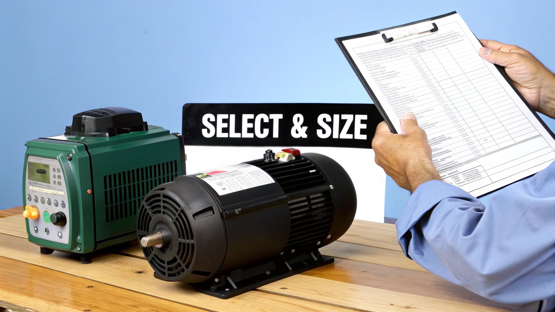 An industrial AC electric motor connected to a variable frequency drive in a factory setting.