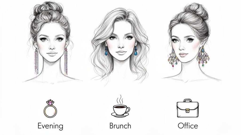 Three women illustrations showcasing different earring styles suitable for evening, brunch, and office occasions.