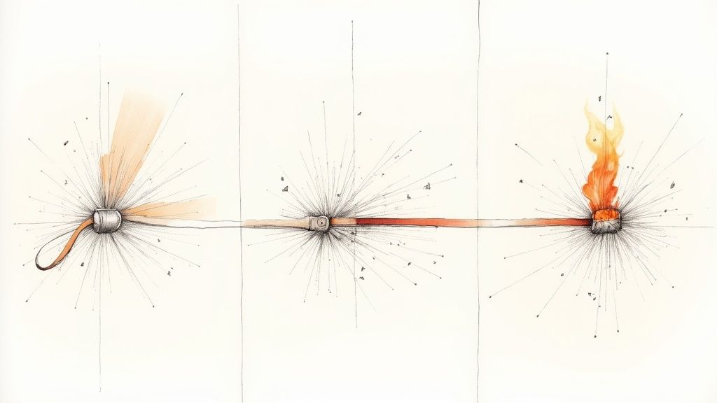 Three drawings illustrate a device sparking, igniting, and burning with a vibrant flame.