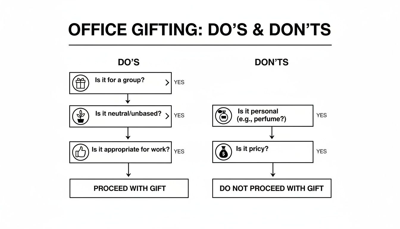 Flowchart outlining office gifting etiquette, distinguishing between appropriate 'Do's' and 'Don'ts' for work.