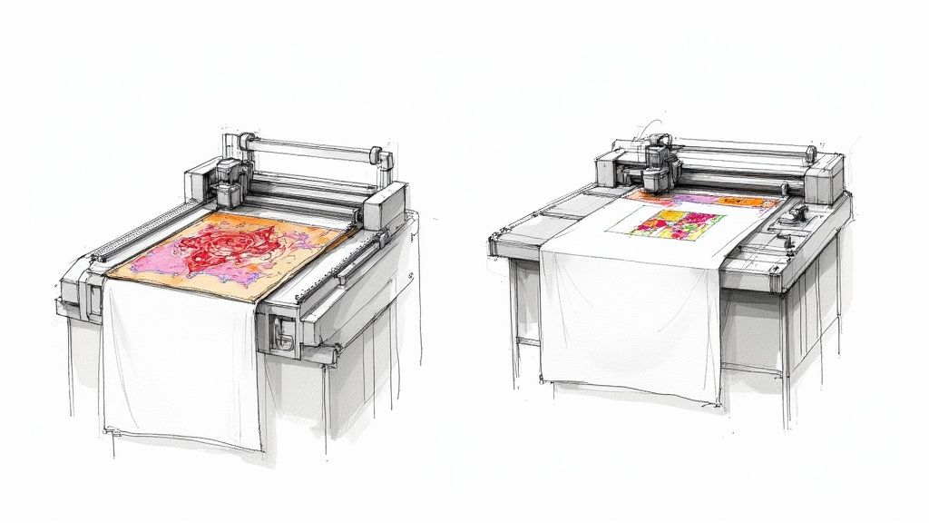 A close-up of a computerized longarm quilting machine stitching an intricate pattern onto a quilt.
