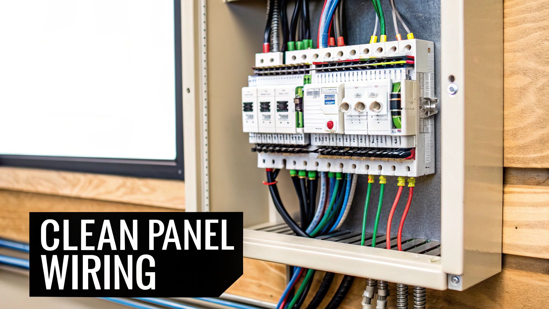 A neatly wired industrial control panel with a VFD installed inside.