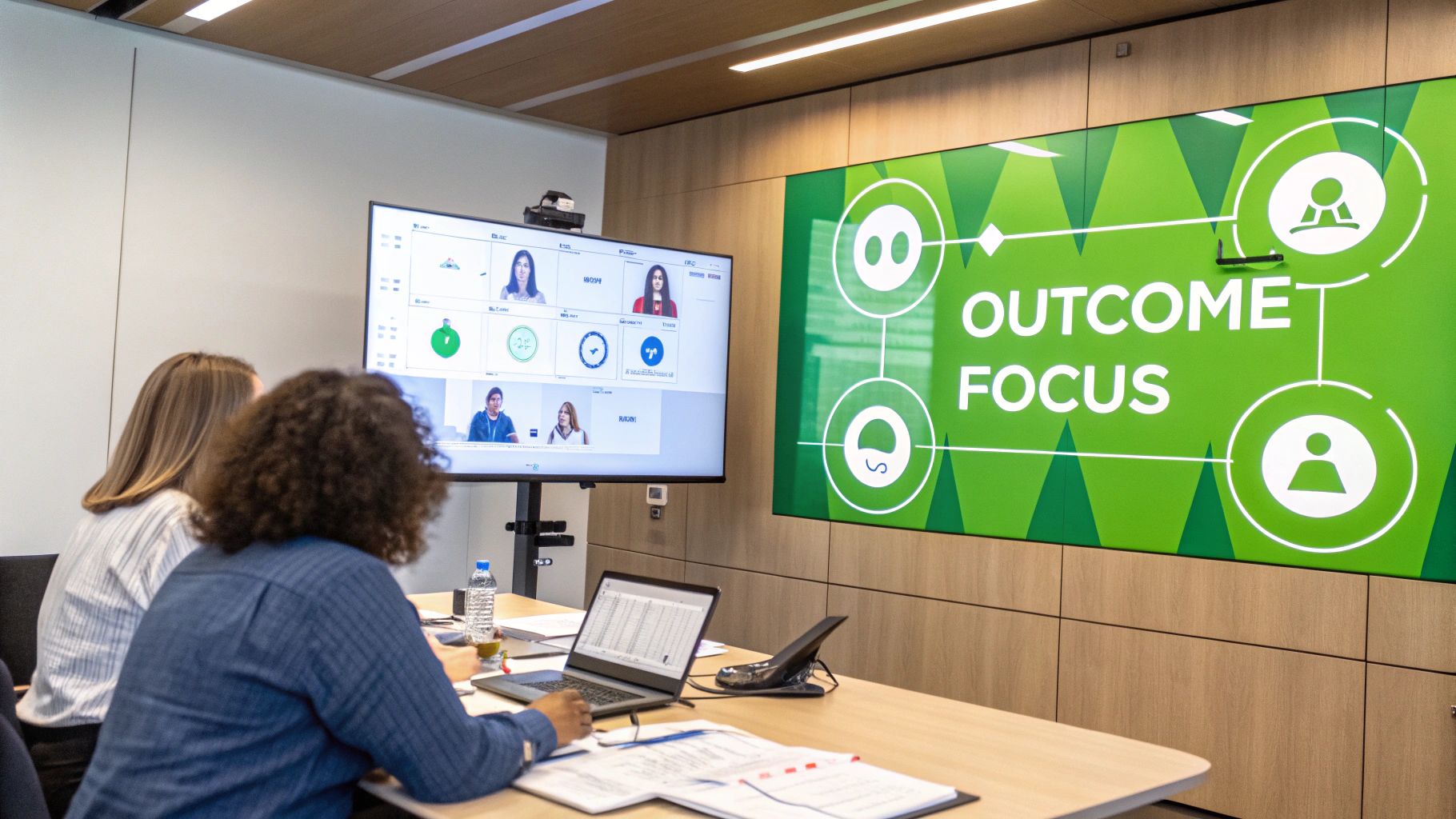 Two women collaborate in a modern meeting room, one using a laptop, facing screens with a video conference and "Outcome Focus" graphic.
