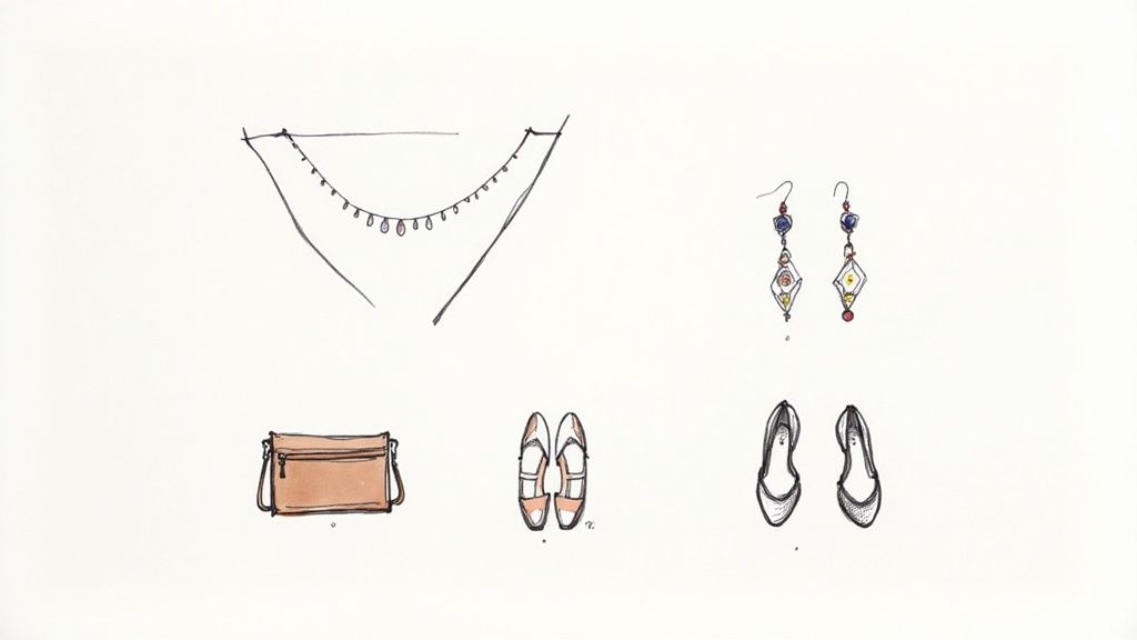 A collection of hand-drawn fashion accessories including dangle earrings, a brown purse, and two pairs of flat shoes.