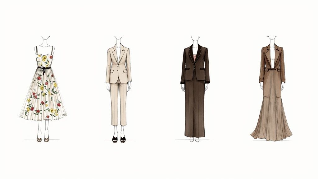 Four fashion illustrations showcasing different women's outfits: a floral dress, two pantsuits, and a jacket with a pleated skirt.
