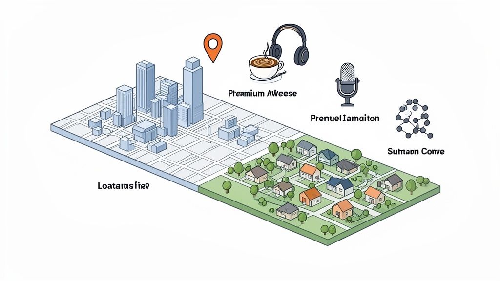 Isometric illustration showing a city skyline and a suburban neighborhood with various icons and placeholder text.