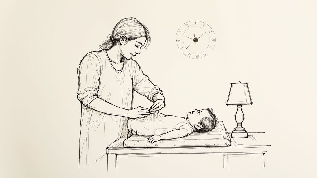 A black and white sketch shows a mother attentively changing her baby's clothes on a changing station.