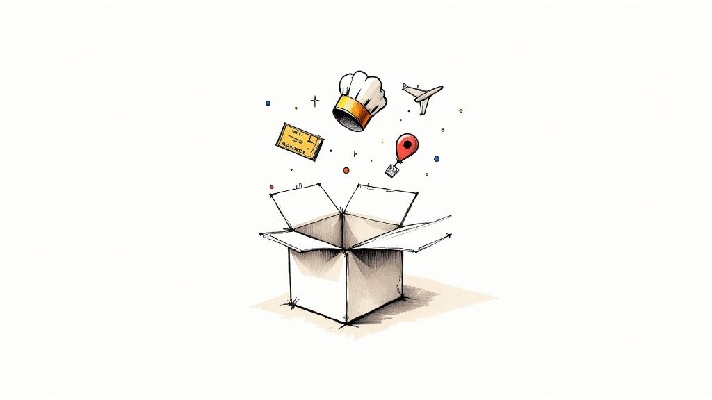 Open gift box with a chef's hat, airplane, ticket, and map pin floating out.
