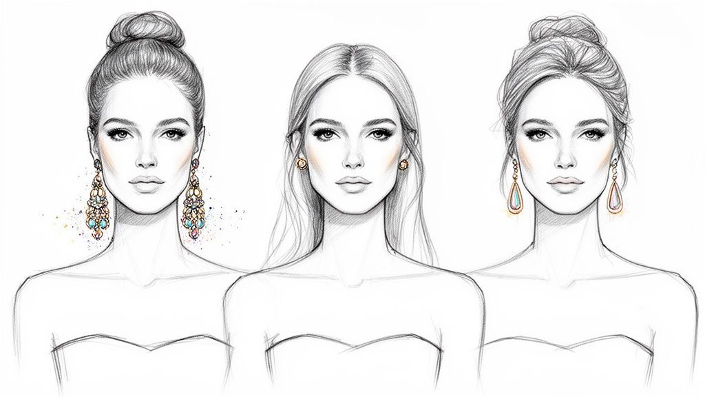 Three pencil sketches of women showcasing different earring styles and hairstyles with strapless necklines.