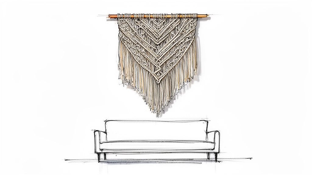 A minimalist sketch illustrating a bohemian macrame wall hanging above a simple sofa.