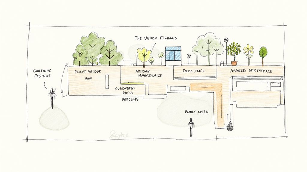 Sketch of an outdoor festival layout with vendor stalls, a demo stage, and green spaces.