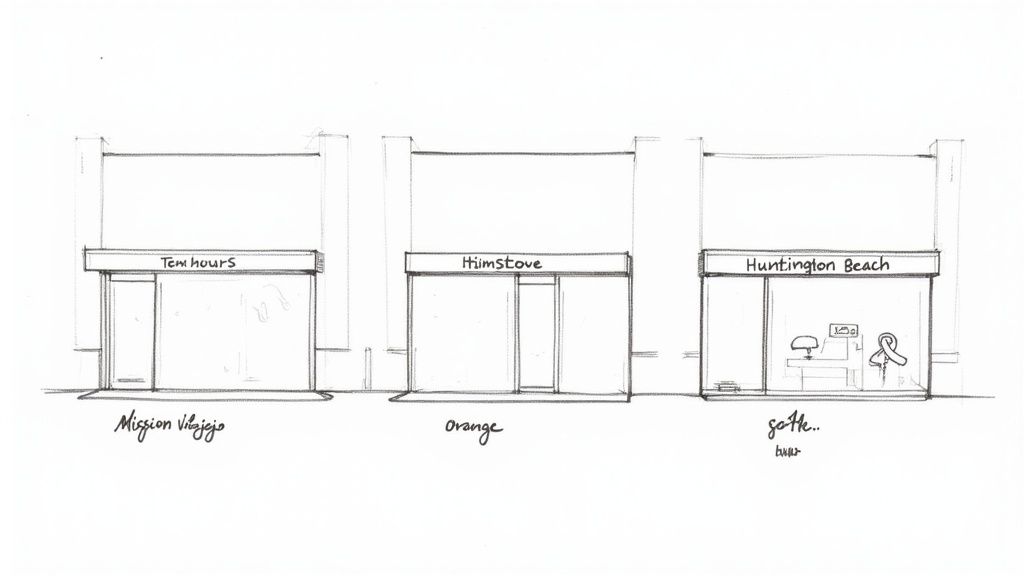 A bright and tidy sewing store interior with multiple sewing machines on display.