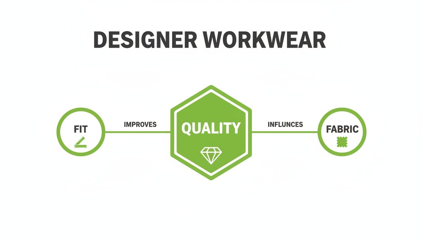 Diagram illustrating how fit improves quality and fabric influences quality in designer workwear.