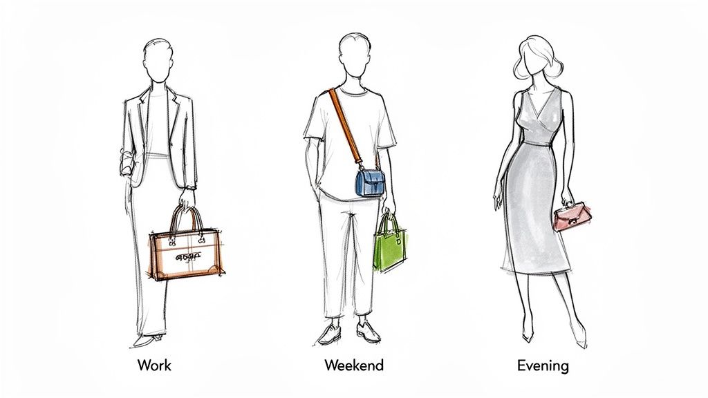 A sketch illustrating different handbag styles suitable for work, weekend, and evening occasions.