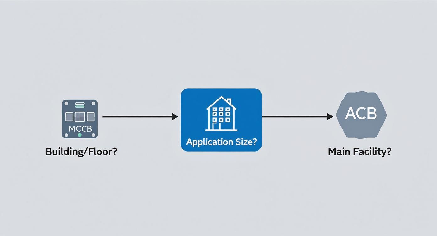 Diagram illustrating power distribution flow from MCCB at building/floor level to ACB at main facility.