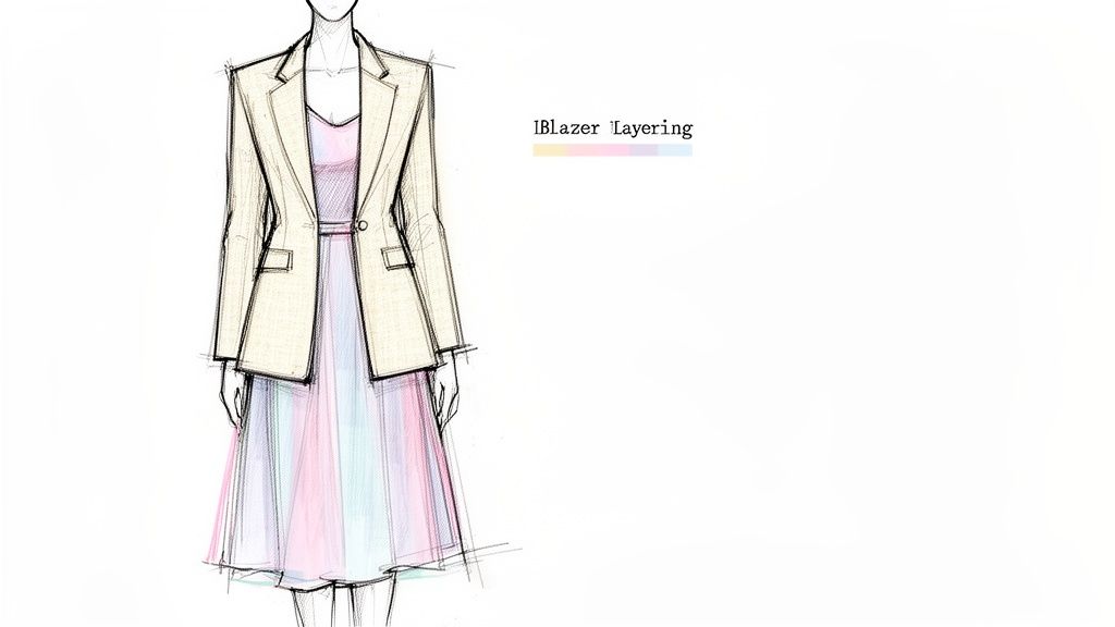 Fashion illustration of a woman wearing a beige blazer layered over a pastel striped dress.