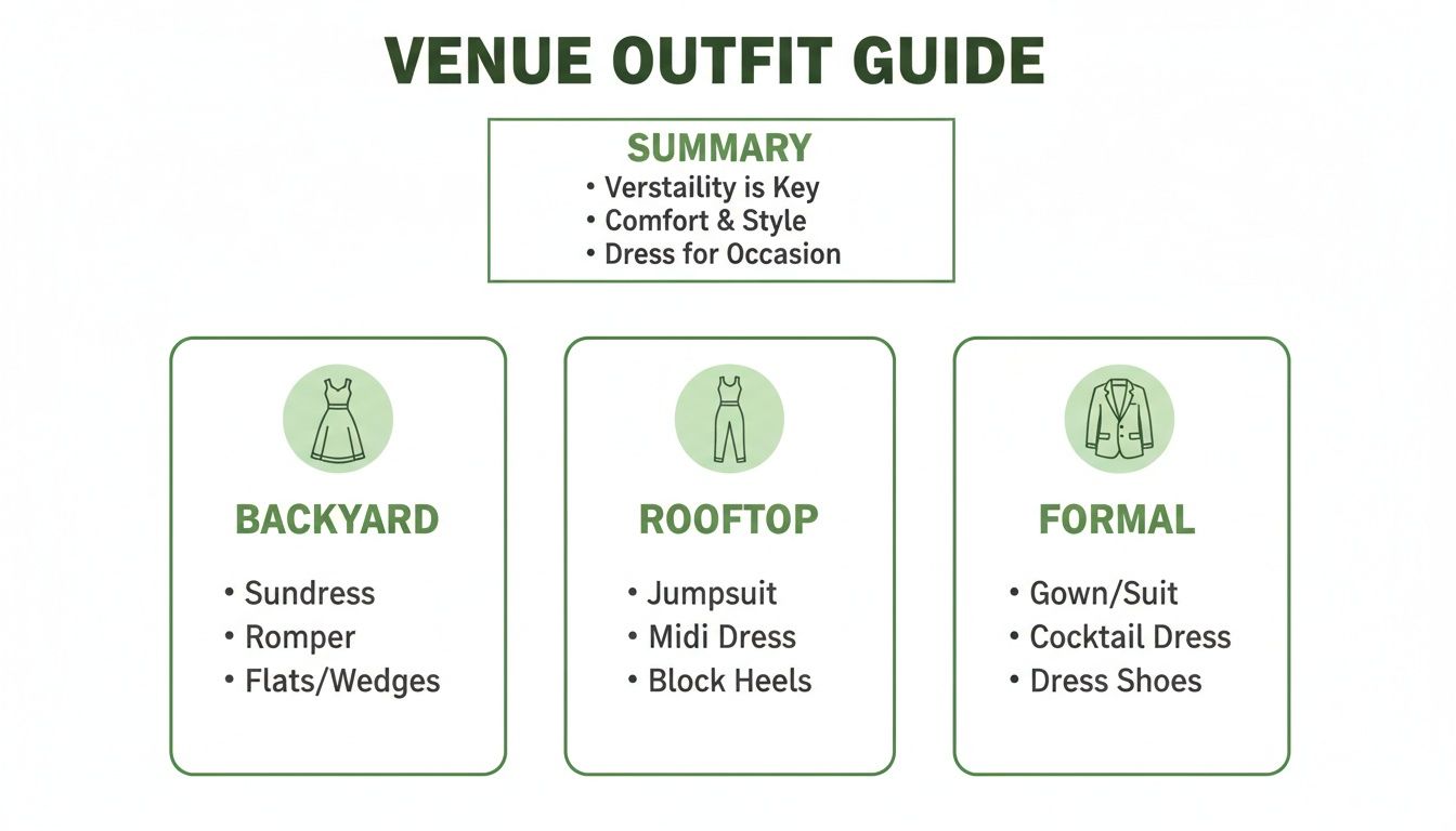 A venue outfit guide listing clothing suggestions for backyard, rooftop, and formal events.