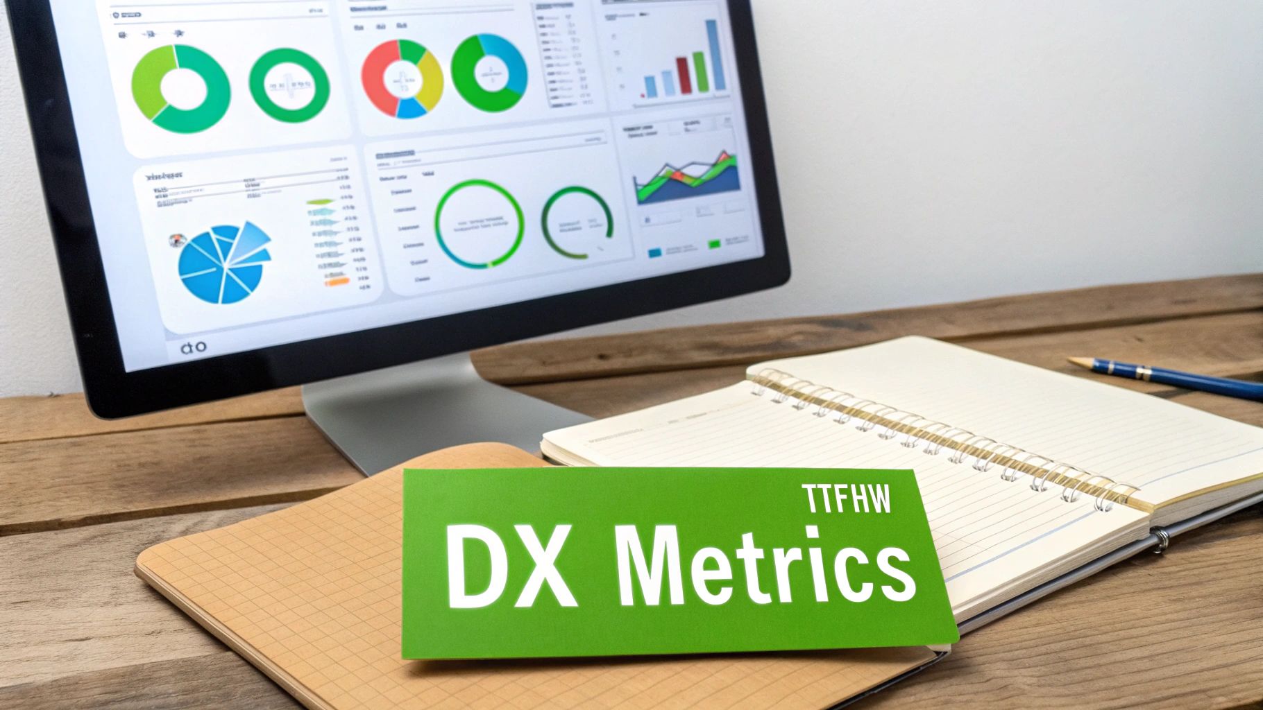 Computer monitor displaying data analytics, with a "DX Metrics" card and notebooks on a wooden desk.