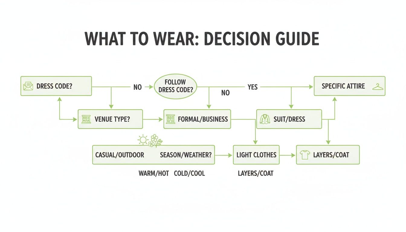 A flowchart decision guide titled 'What to Wear' helps choose attire based on dress code, venue, and weather conditions.