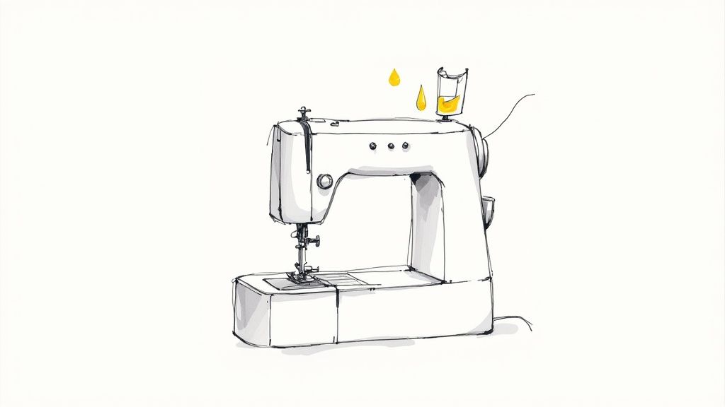 A person carefully servicing a modern sewing machine on a wooden table.