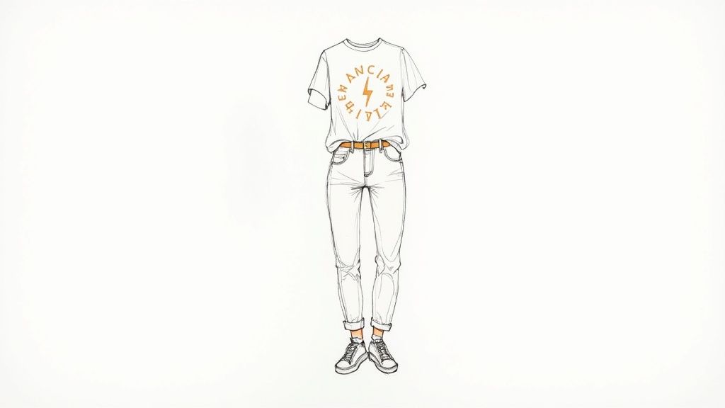 An illustration of a casual outfit featuring a white graphic tee, light wash jeans, a brown belt, and sneakers.