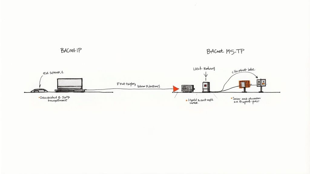 Diagram illustrating BACnet-IP and BACnet MS-TP communication protocols with connected devices and networks.