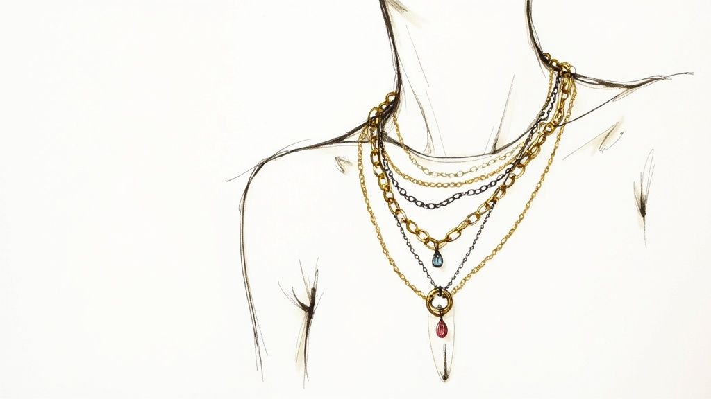 A close-up of layered necklaces and rings, showcasing mixed metals and textures.