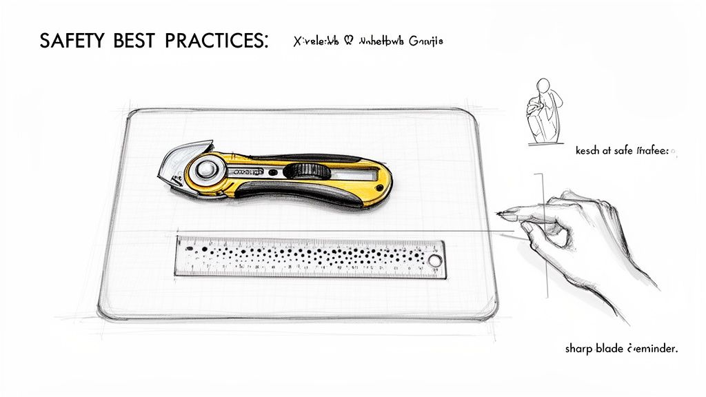 An illustration showing a rotary cutter, ruler, and cutting mat, emphasizing safety with a sharp blade reminder.