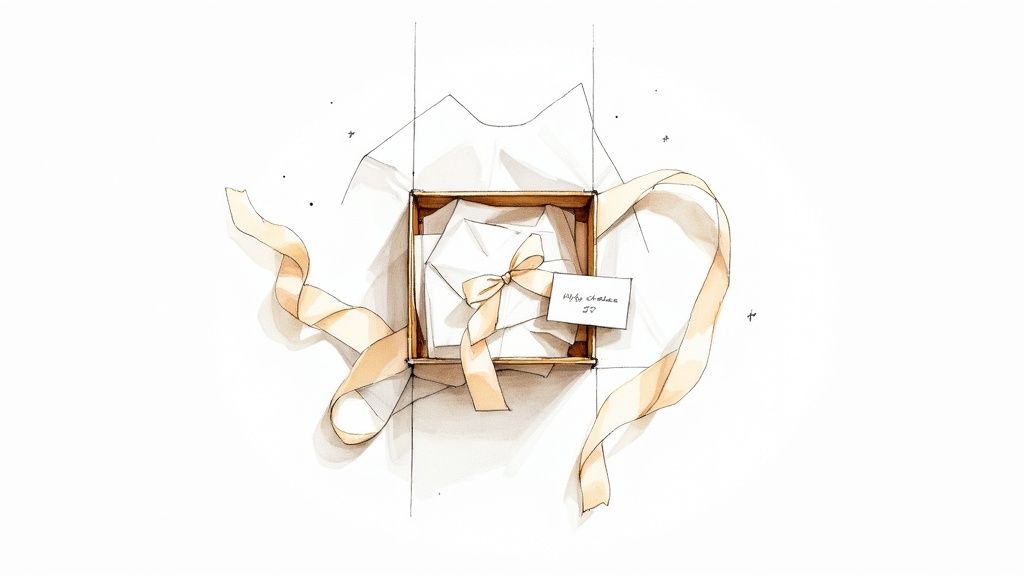 A beautifully wrapped gift box with a ribbon and a handwritten tag.