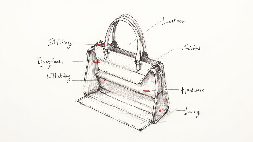 Detailed sketch illustrating the components and craftsmanship of a leather handbag, including stitching and hardware.
