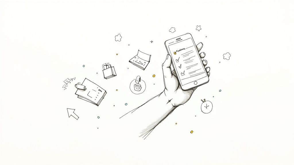 Woman smiling while holding several shopping bags in an outdoor mall setting.