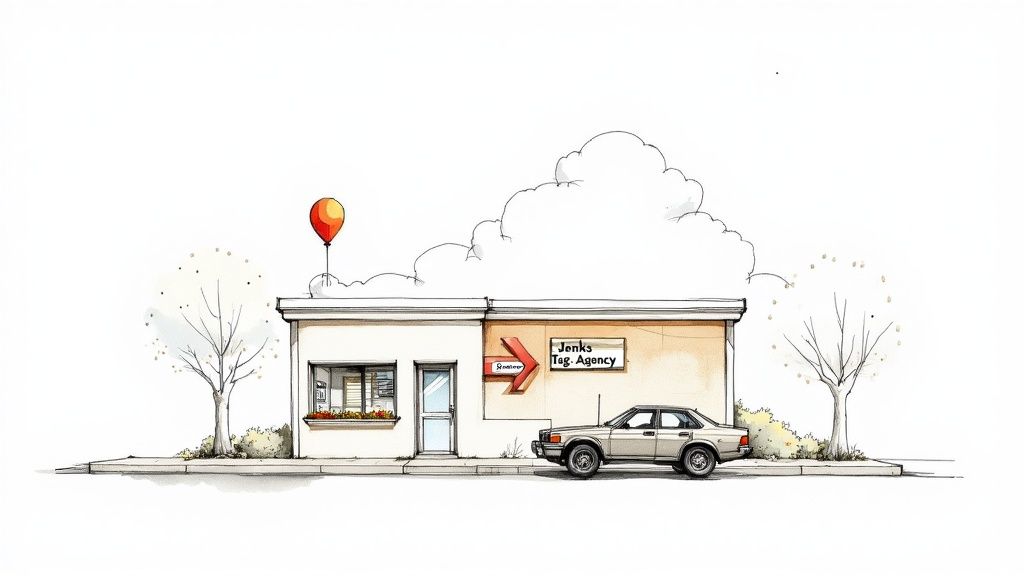 A person at a DMV counter handling paperwork with a clerk.