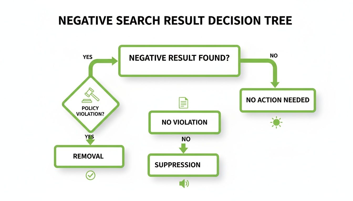 A flowchart illustrating the decision process for handling negative search results, leading to removal, suppression, or no action.