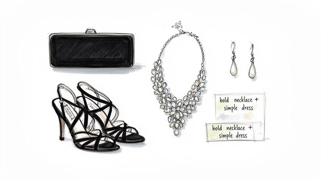 A stylish illustration of formal accessories including a black clutch, strappy heels, and sparkling jewelry.