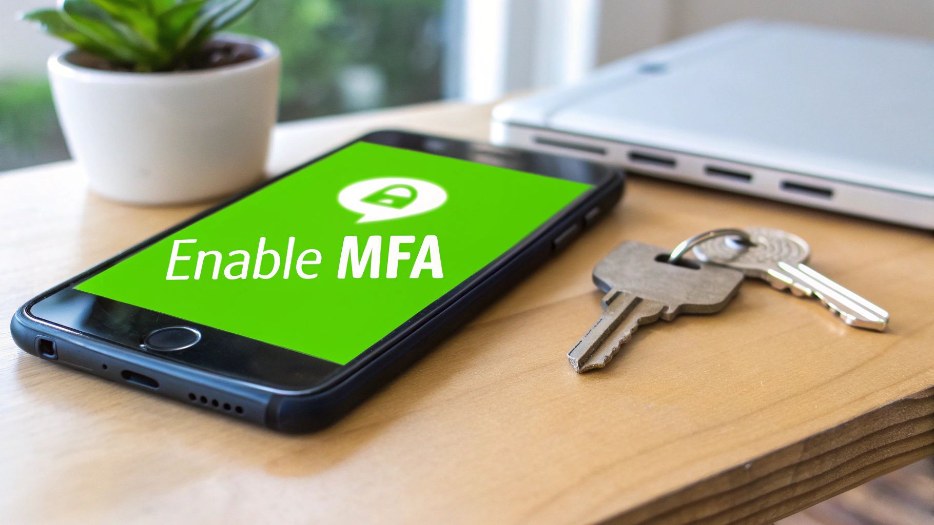 A smartphone displaying 'Enable MFA' on a green screen, beside a set of keys and a laptop, symbolizing digital security.
