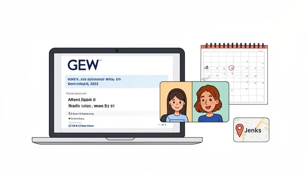 A laptop displays GEW website, two women, a calendar with a marked date, and a map pin for Jenks.