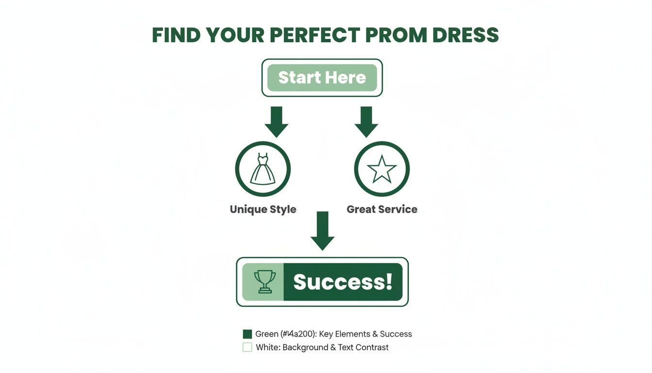 A simple flowchart guiding users to find their perfect prom dress through unique style and great service.