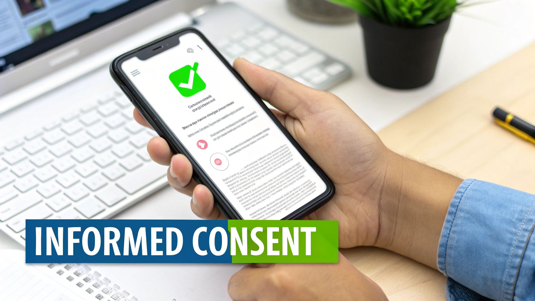 A person holds a smartphone displaying a digital informed consent form with a green checkmark.
