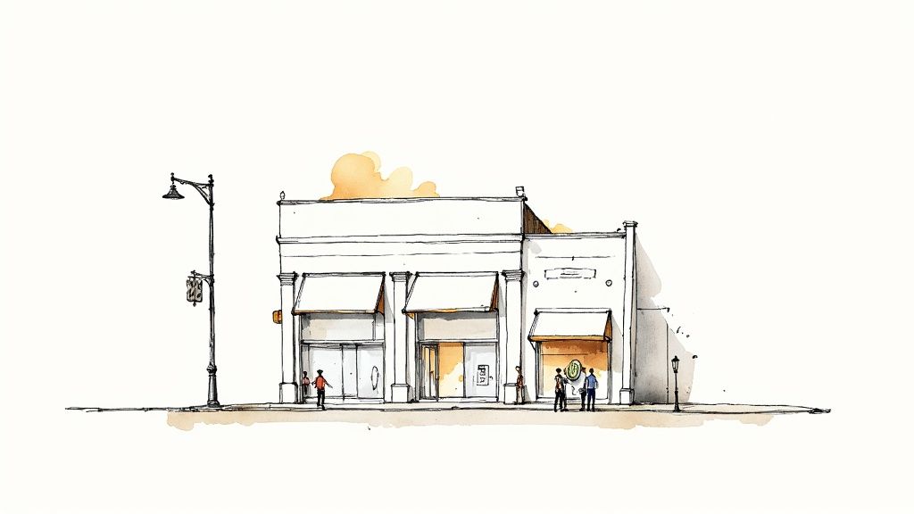 Watercolor sketch of a lively street with shops, pedestrians, and a streetlamp under a warm sky.