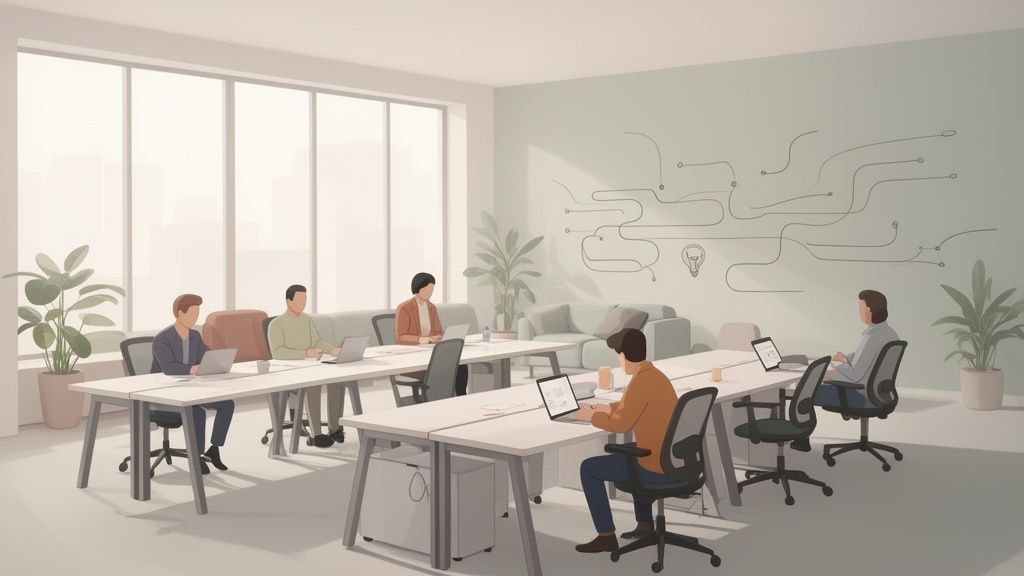 A bright, modern office space with several people working on laptops at long tables and comfortable seating.