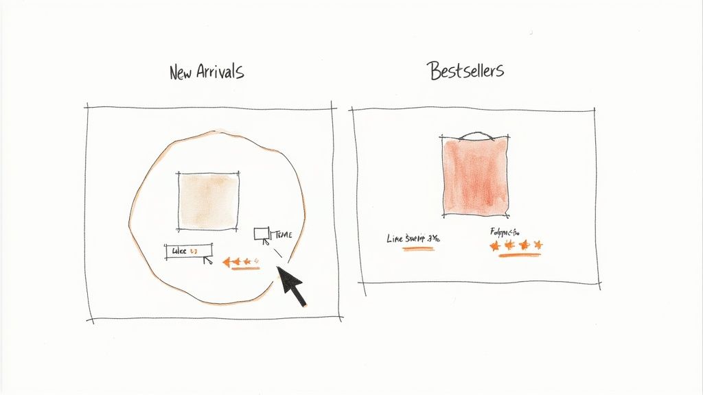 Website wireframe sketch showing new arrivals section with product image and bestsellers display with ratings