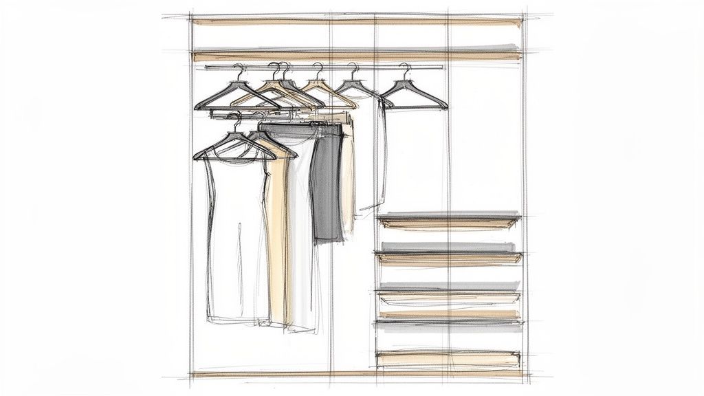 A hand-drawn sketch showing a closet interior with clothes hanging on rods and multiple shelves.