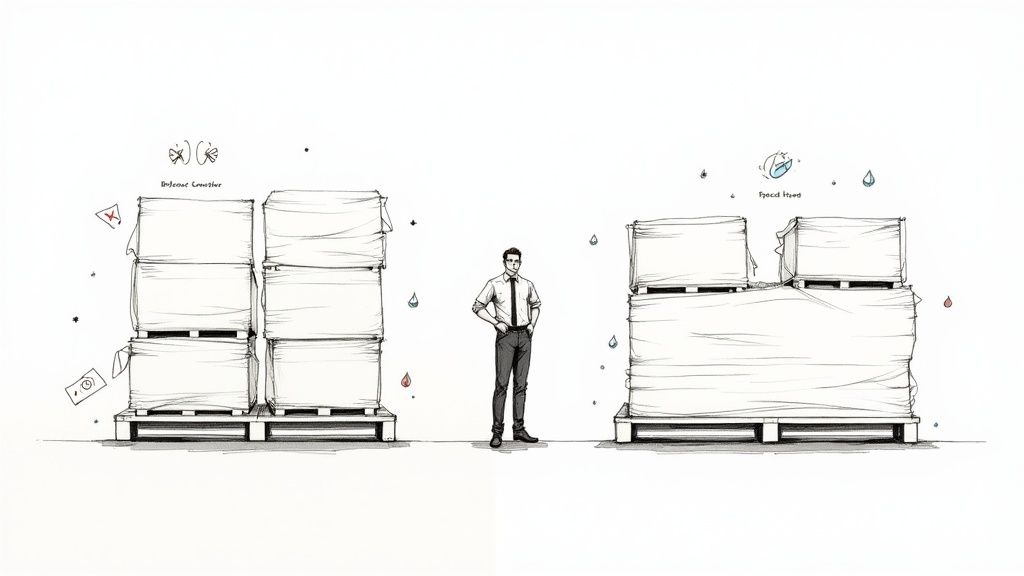 A man stands between two pallet stacks, comparing a loosely wrapped one with a securely fixed hood wrapped one.