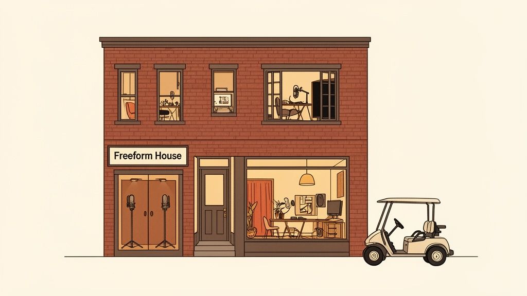 A stylish, modern coworking space with brick walls, comfortable seating, and podcasting equipment visible in the background.